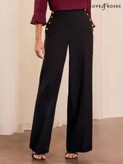 Love & Roses Black Petite Military Button Wide Leg Tailored Trousers (B04519) | $70