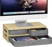 Elephance Monitor Stand Riser With 3 Drawers, Bamboo Computer Monitor Stand for Desk, Sturdy Desktop Organizer With Storage for Laptop Printer, No Assembly Required
