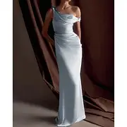 Blue Mermaid / Trumpet Evening Gown Elegant Dress Formal Semi Formal Wedding Floor Length Sleeveless One Shoulder Off Shoulder Satin with Drapes 2025