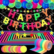 Glow Party Neon Party Supplies Includes 6 UV Blacklight Reactive Tape Luminous Tapes Neon Paper Garland Happy Birthday Banner 10 Hanging Swirls, 25 Fluorescent Balloons for Birthday Party Decorations