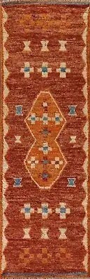 Rust/ Orange Geometric Moroccan Runner 3x10 Rug Handmade Oriental Carpet