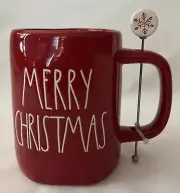 RAE DUNN Red/White Mug with Snow Flake Stirrer - MERRY CHRISTMAS