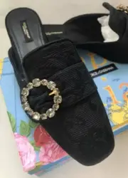 BNIB Dolce And Gabbana Jackie Brocade Flat Mules Size 39.5 BLACK