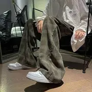 High Waist Plaid Wide Leg Pants Army Green - L