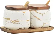 EIMQUVW Sets of 2 Marble Ceramic Seasoning Jars Ceramic Sugar Salt bowl Condiment Pots with Wooden Lids,Wooden Spoon and Wooden Tray(White)
