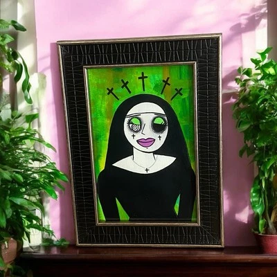Nun With Crazy Eye Ooak Original Framed Painting Acrylic Ink Woman gothic Art