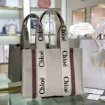 精品二手 CHLOE 蔻依 WOODY TOTE 棕色/藍/綠 中號拼接帆布包 托特包 手提包 購物袋