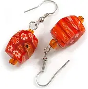 [Avalaya] Orange Coloured Floral Faceted Resin/Glass Bead Drop Earrings/ 40mm Long, One Size, Glass Resin