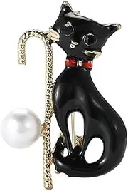 [Generic] Cute Cane Cat Simulated Pearl Cat Brooch Lapel Pins for Women Dainty Black White Enamel Animal Pet Lovers Brooches Pin for Suit Dress Fashion Jewelry for Birthday Christmas