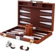 15 Inch Backgammon Set with Dice Cup and Backgammon Pieces (Brown)