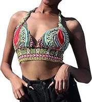 [DA'IKI] Smocked Bikini Top Twist Tied Dashiki Rayon Ladies Shirt Neck Tied Sexy Top Bare Back