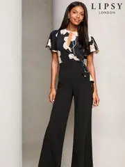 Lipsy Black Floral Petite Flutter Sleeve Tie Side Wide Leg Jumpsuit (E88039) | $83