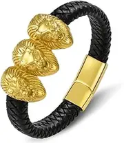 [BOSUGE] Charming Bracelet， Mens Large Braided Leather Bracelet with Steel Gold Color Three Lion Heads and Black Leather Straps (Size : 20CM) (Color : Gold)