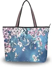 [MNSRUU] Mnrsuu Womens Tote Handbags Pink Cherry Blossom Butterfly Starlight Tote Bag with Zipper Ladies Tote Shoulder bag Shopping Bag Casual Beach Bag Work Bag