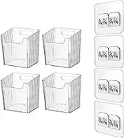 4 Pack Acrylic Wall Mount Organizer，Adhesive Cabinet Door Storage Bins，Clear Makeup Tool Containers，Stackable Organizer Basket for Kitchen，Bathroom，Cabinet，Pantry，Office (Take with No trace Hooks)