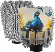 XYMZR Absorbent Microfiber Car Wash Mitt Peacock Fence Sunflower, Funny Cute Anime Scratch Free for Cars Cleaning, Home Cleaning Mitts, 2 Pack, 10.24” L x 7.09” W