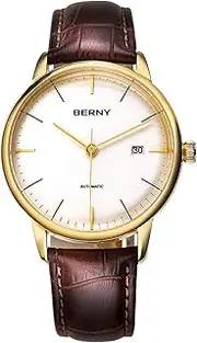 [BERNY] Watches for Men Ultra Thin Movement Automatic Minimalist Watch Genuine Leather Strap Men's Wrist Watches
