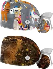 [YTYVAGT] 2-Pc,Nurse Scrub Caps,Scrub Hats with Buttons and Cotton Sweatband,Camel Plant Cartoon Llama