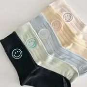 Smiley Face Embroidered Ribbed Socks Black - One Size