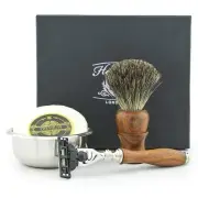Wooden Shaving Kit for Men - 3 Edge Razor with Badger Shaving Brush Soap & Bowl