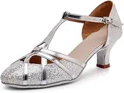 [FARZAH] Glitter Dance Shoes for Women Closed Toe Wedding Evening Party Pumps(Silver,5)