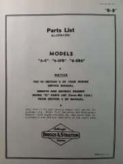 Briggs & Stratton 6-S Horizontal Gasoline Engine Parts Manual Lawn Mower Tiller
