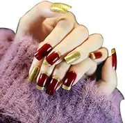 24 Pcs Long Fake Nails Acrylic Square Full False Nails with Glue Sticker Wine Red with Golden Glitter Artificial Nail Tips