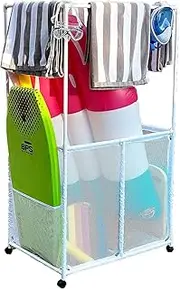 Essentially Yours Pool Equipment Holder with Towel Drying Bars, Mesh Rolling Pool Storage Organizer Bin, Extra Large with Towel Hanger, (34.5" W x 25" L x 62.6" H), White Style 418566