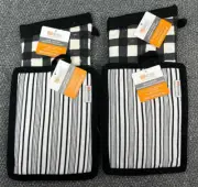 MU Kitchen 2 Oven Mitt 2 Potholders Black Plaid Stripe Cotton Terry Lined 13"
