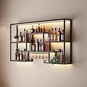 Wall Mounted Wine Cabinet, Bar Wine Rack, Iron Bar Shelves with LED Light, with Hanging Wine Glass Rack Holder Bar Liquor Cabinet Bar Bottle Display Shelf, for Home Bar Living Room