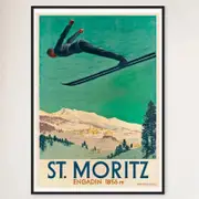 Galrie Vintage Aerial Ski Poster of St. Moritz in Engadin, Switzerland Artwork, Black Frame, A2 42 x 60cm (16 x 24inch)