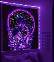 Manicer Blacklight Skull Tapestry, The Kissing Lovers Tapestry UV Reactive Trippy Neon Tapestries Glow in the Dark Party Backdrop, Skeleton Wall Art for Bedroom Living Room – 51.2” x 59.1”