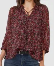 Vince Camuto Women's Floral Elbow Sleeve Blouse Peasant To Rich Black Size 2XS