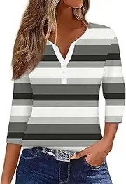 [Valtorixia] 3/4 Length Sleeve Women Henley V Neck Tops Casual Length Button Down Shirt Floral Print Blouses Plus Size Trendy Comfy Tees (Color-b-8,Medium)