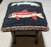 Chandler 4 Corners Trout Stool With Hickory Base. Hand Hooked Top.
