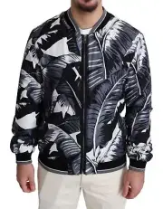 Dolce&Gabbana Men Black Bomber Silk Banana Leaf Print Full Zip Jacket Sz IT 50 L