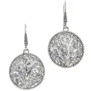 925 Silver Artisinal Handmade Tree Of Life Filigree Cz Sterling Earrings, 1 1/8"