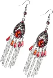 [TINEASUR] Tassel Earrings Women Hanging Ladies Earrings Retro Earrings for Women Orrous Teardrop Earrings Rhinestone Eardrop Vintage Eardrops Water Drop Earrings Bohemian Earrings Red