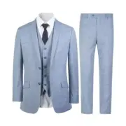 Men's Suit Pants Vest Blazer Light Blue Solid 3Pcs Slim Fit Notched lapel #1668