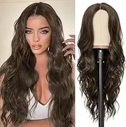 QUEENTAS 24 Inch Long Highlight Brown Wigs for Women Middle Parted Wavy Natural Synthetic Curly Wigs