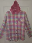NWT KIRUNDO Womens Large Button Up Flannel Shirt With Hood Long Sleeves Plaid