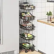 Wisdom Star 5 Tier Slim Storage Cart Kitchen Rolling Utility Cart, Storage Trolley Cart with Handle,Vegetable and Fruit Basket Bins Kitchen Bathroom Narrow Mobile Shelves Organizer Cart,Black