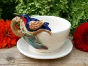 #3 Coffee or Tea Cup Saucer Hummingbird & Vines Handmade Ceramic Tonala Mexico