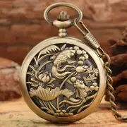 Full Hunter Pocket Watch Engraved Bronze Quartz Movement with Necklace Pendant