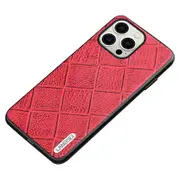 LANGSIDI For iPhone 15 Bump Proof Cover Rhombus Imprinted Genuine Cow Leather+TPU Phone Case