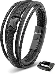 [SERASAR] | Men's Premium Bracelet [Flake] in Genuine Black Leather | Magnetic Stainless Steel Clasp in Black, Silver and Gold | Exclusive Jewellery Box | Great Gift Idea
