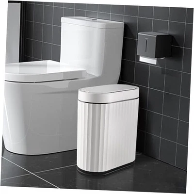 Bathroom Trash Can with Lid Small Sensor Garbage Can, 9 2 Gallon White Black