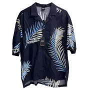 Hugo Boss Short Sleeve Camp Shirt Navy Blue Palm Fronds Lars_O 50473784 $138