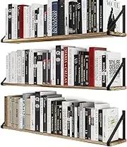 Wallniture Bora 36 Inch Large Floating Shelves for Wall Storage, Floating Bookshelf Set of 3, Burned Wood Wall Shelves for Books