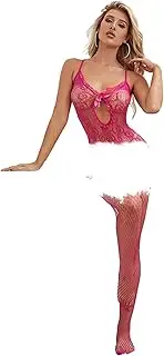 [SEXYTINE] Sexy Women's Fishnet Bodystocking Lingerie Set High Elasticity Cutout Spaghetti Strap Hollow Out Stretchy Bodysuit